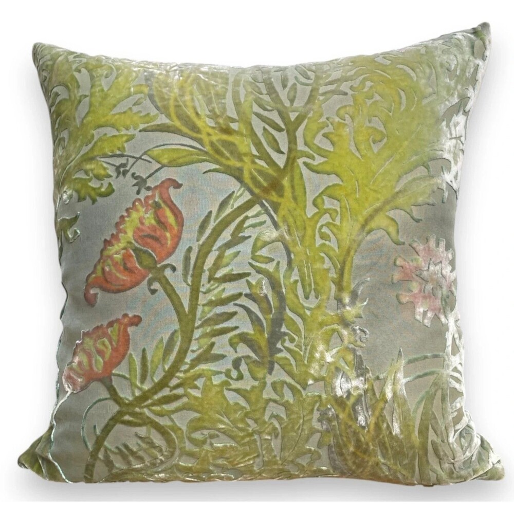 Kevin O'Brien Studio Silk Velvet Pillow Green Floral Burnout 18x18 New Read